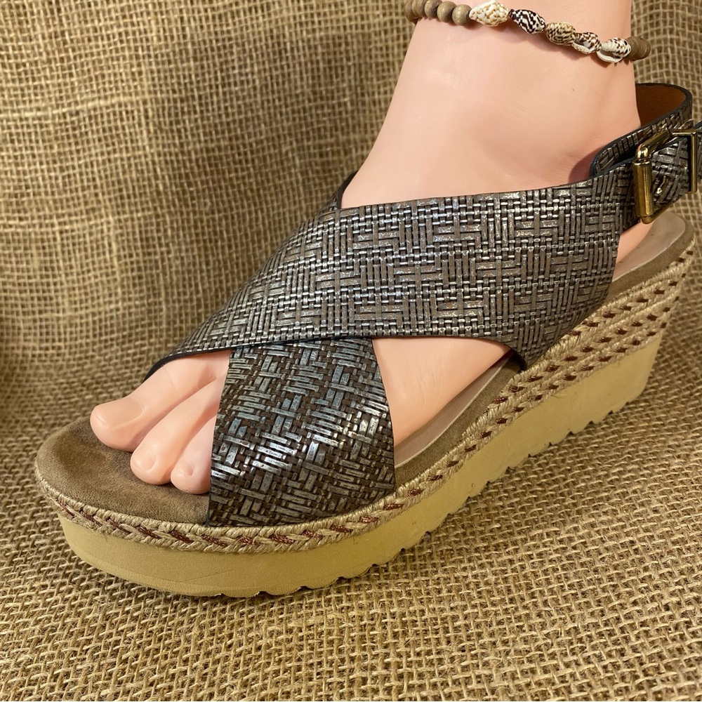 Sandals Platform Espadrilles Leather Kanna Shoes Silver Brown  Women size 9